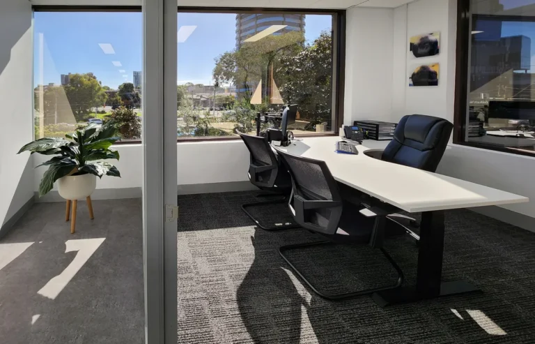 Consult room with desk, chairs and biophilic planting by a window at the Ashley & Martin cosmetic clinic fitout, Southbank.