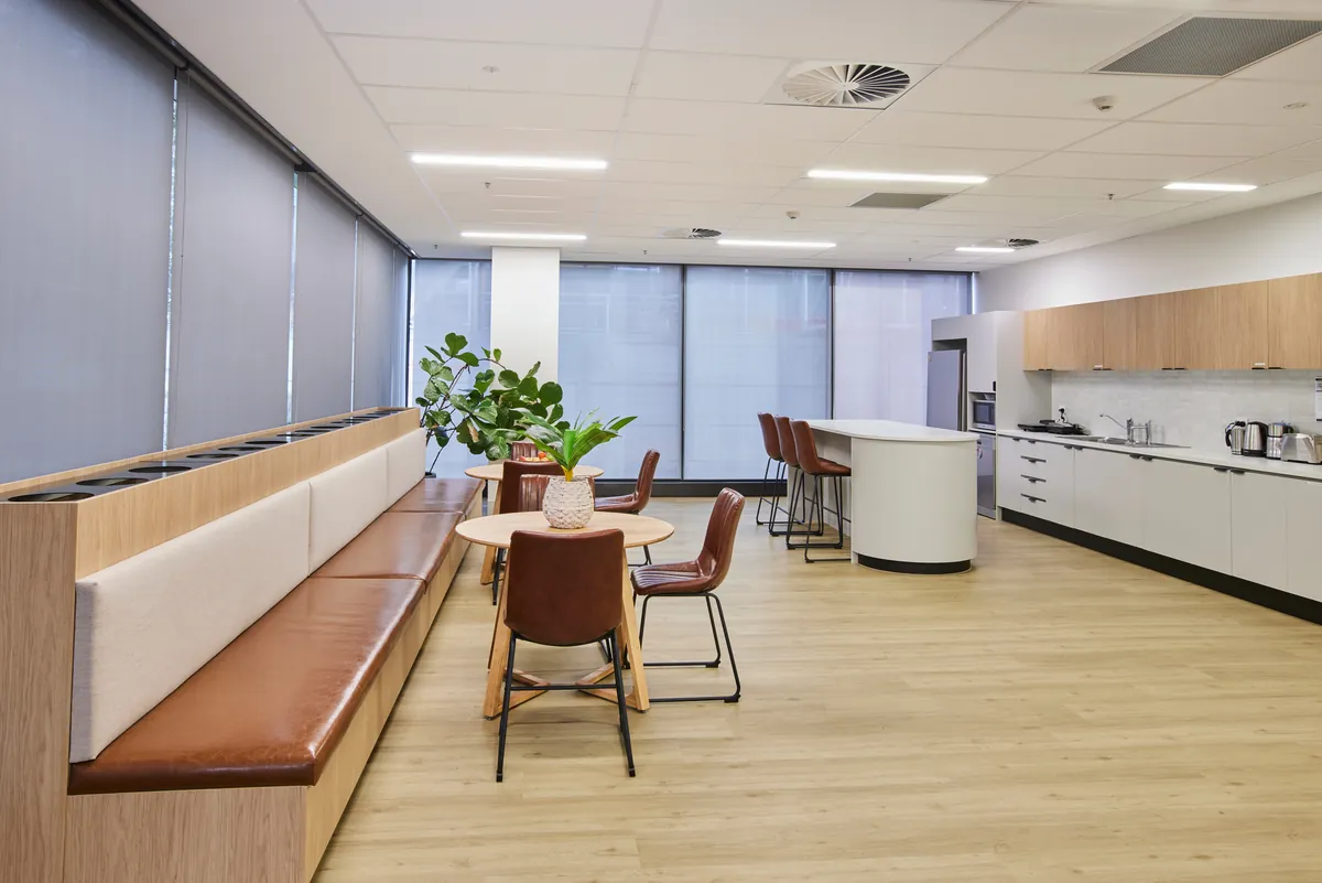 Breakout dining area beside the kitchen at the Endress and Hauser office fitout, Mulgrave.