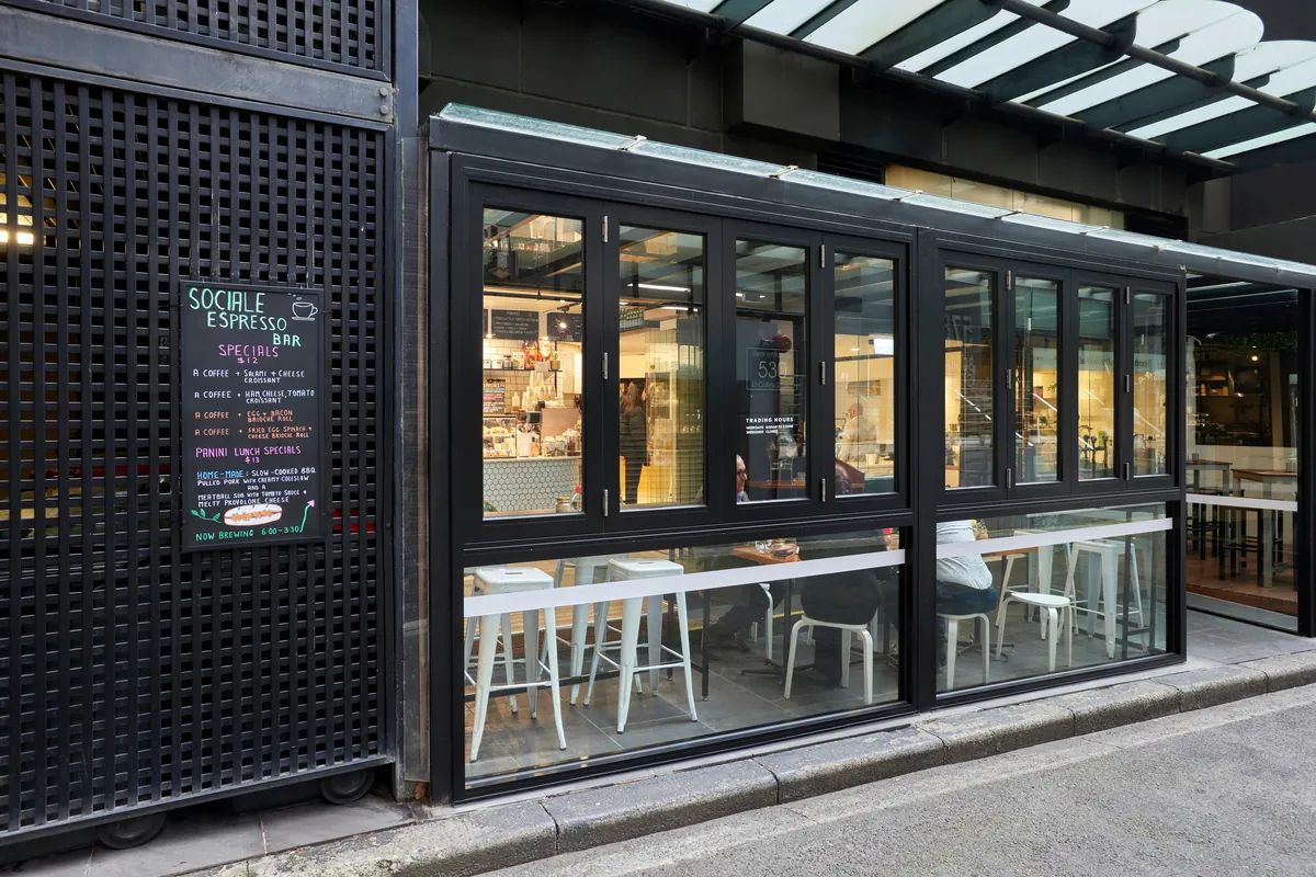 Sociale Espresso Bar shopfront with bi-fold glazing on the Exchange Tower office refurbishment, Melbourne.