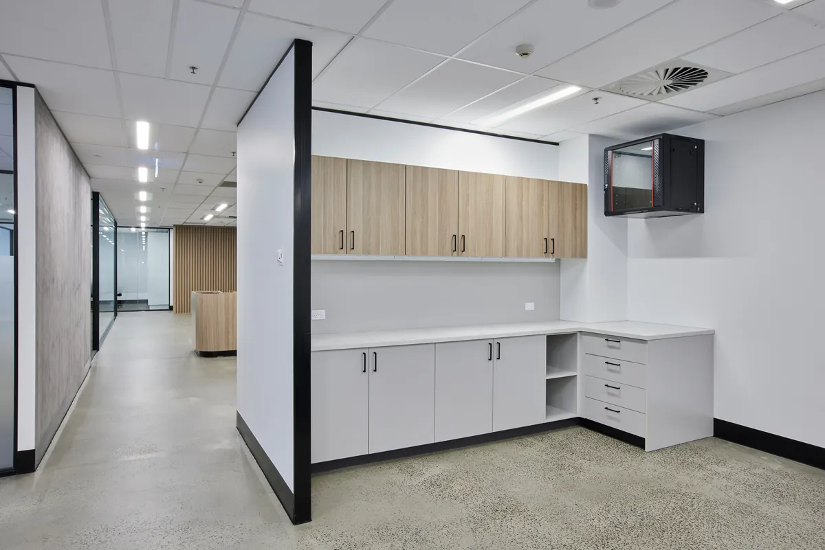 Kitchenette and storage joinery off the main corridor, Growthpoint spec suite fitout, Mulgrave.