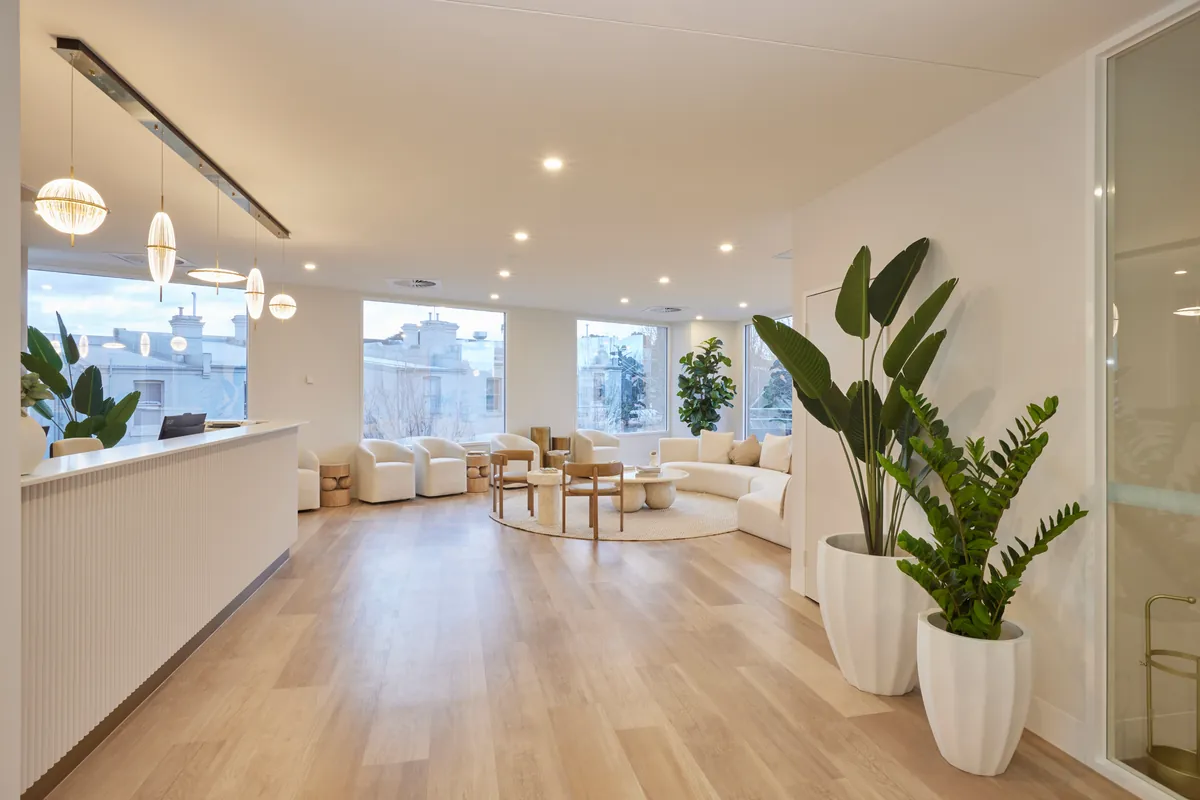 Open waiting area with lounge seating and planting beside reception, Kew Periodontics dental clinic fitout, Kew.