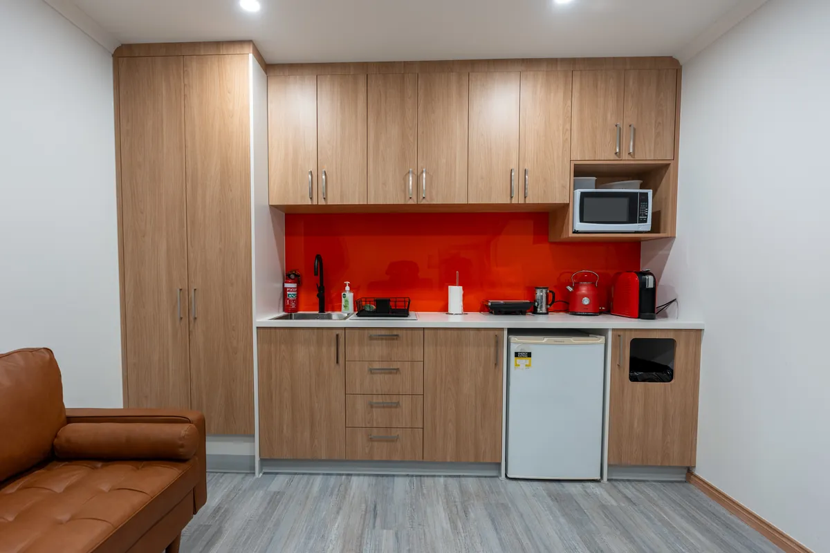 Staff kitchenette and breakout with custom joinery at the Kyneton Dental dental clinic fitout, Kyneton.
